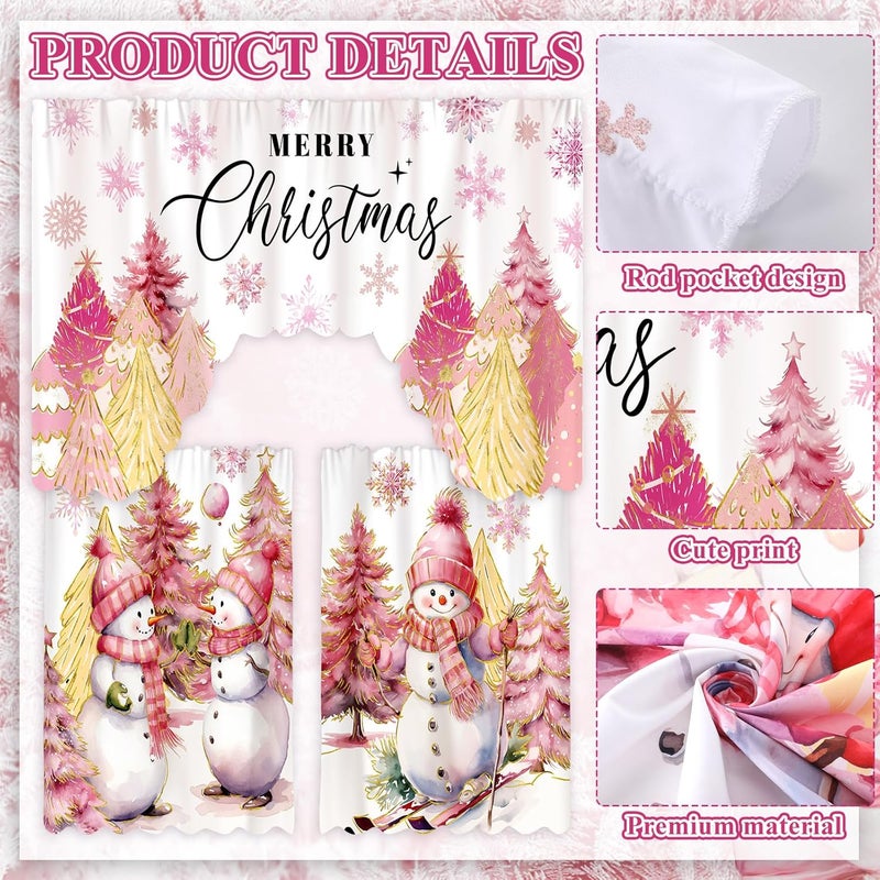 FuWeave Christmas Kitchen Curtains 3 Piece Set Pink Snowman Window Curtains and Valance Set Xmas Curtain Swag for Kitchen Bedroom Living Room Decor, 60 x 36 Valance, 36 x 30 Tier - Image 3